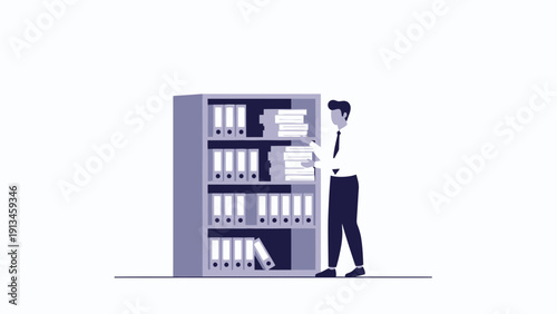 Businessman Organizing Files and Folders on a Bookshelf