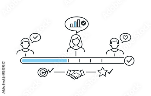 Transparent progress reporting and status updates in a modern team workflow highlighting clarity and trust, a progress bar connected to user icons representing shared visibility
