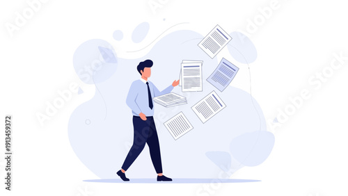 Businessman juggling documents, papers flying around, managing workload, business concept illustration
