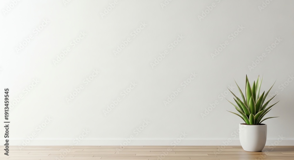 Fototapeta premium A small potted plant sits on a wooden surface against a plain white wall with a minimalist composition.