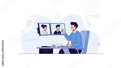 Online Meeting: Man Video Conferencing with Colleagues on Screen