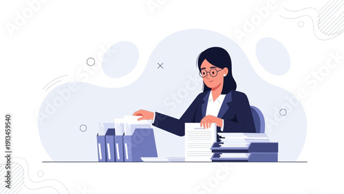 Businesswoman organizing files at desk, office work, administration, document management