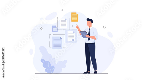 Businessman pointing at documents on digital board, data analysis, workflow concept
