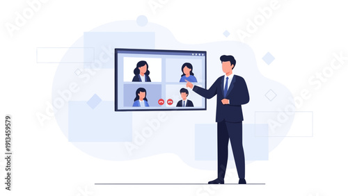Businessman presenting online meeting with colleagues on screen, remote work concept