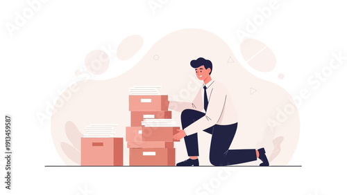 Business man organizing documents in boxes, paperwork, office work, storage concept