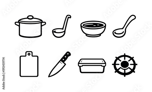 Home soup cooking tools: stock pot, ladle, soup bowl, soup spoon, chopping board, chef knife, storage container, stove burner.