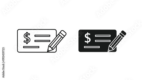 Two black and white depictions of a check with a pencil representing financial transactions