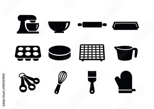 Home baking station tools: stand mixer, mixing bowl, rolling pin, baking tray, muffin pan, cake pan, cooling rack, measuring cup, measuring spoon, whisk, pastry brush, oven mitt.
