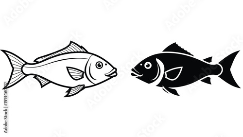 Two stylized fish illustrations one white and one black are presented side by side in a simple design