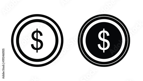 Two simple black and white circular icons depict us dollar currency symbols on coins