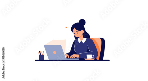 Young woman working on laptop at desk in a professional setting.