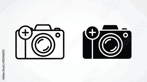 Two black and white camera icons are displayed one outlined and one filled with plus signs