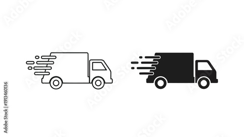 Two simple black and white line art depictions of delivery trucks in motion are shown