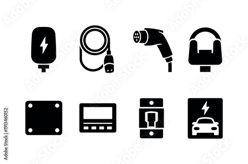 Home EV charging station: wall charger, charging cable, connector plug, cable holder, mounting plate, power meter, safety breaker, signage plate.