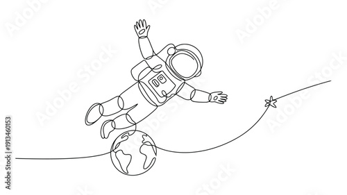 Astronaut floating in space tethered to Earth line in black and white