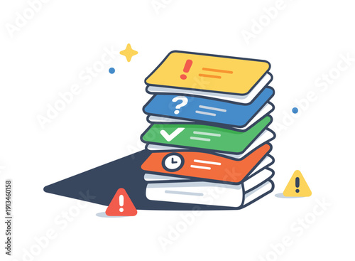 Cognitive debt accumulation and the cost of postponed decisions, a stacked pile of unresolved task cards casting a growing shadow representing pressure, awareness, and the need for