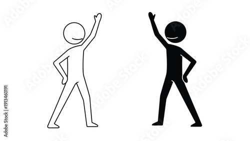 Two stick figures one white and one black are depicted raising their arms in celebration