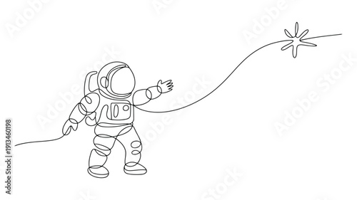 Line of an astronaut floating in space tethered to a star line black and white monochrome