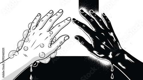 A stark black and white illustration depicts two hands reaching towards each other contrasting light and dark