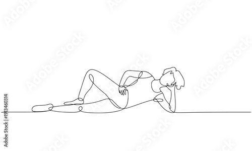 Minimalist black and white line of a person lying on their side in a relaxed pose line single continuous line