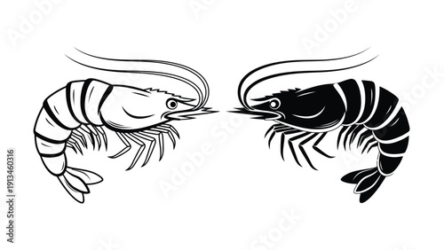 Two facing shrimp one light and one dark presented in a symmetrical black and white illustration