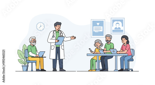 Doctor Giving Health Presentation to Diverse Patient Group. Medical Consultation, Senior Education, and Digital Literacy Seminar.