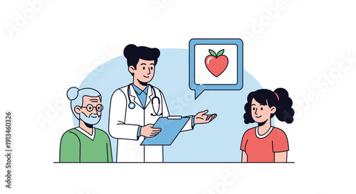 Doctor Consulting Elderly and Young Patients on Heart Health. Cardiology Checkup and Medical Care Discussion.