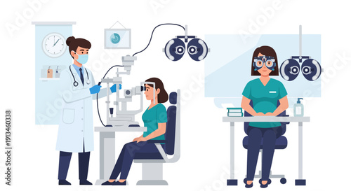 Professional Optometry Doctor Performing Vision Test on Patient Using Slit Lamp Equipment. Eye Health Checkup and Ophthalmology Appointment.
