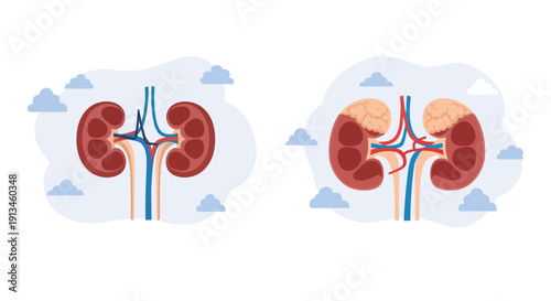 Normal and Diseased Kidney Anatomy Vector Illustration. Comparison of healthy human organ and renal pathology (tumor/stones) for medical education.