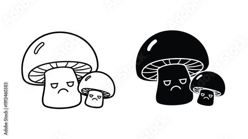 A whimsical black and white illustration depicts three sad faced mushrooms of varying sizes
