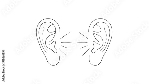 A minimalist line drawing depicts two human ears facing each other suggesting listening or communication