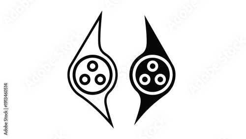 A symmetrical black and white graphic depicts two stylized teardrop shaped forms with circular details