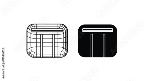 Two minimalist outlines of a cage are displayed one white and one black against a white background