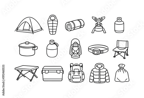 Outdoor lakeside camping gear icon set showing dome tent, sleeping bag, sleeping pad, camp stove, fuel canister, cooking pot, water canteen, lantern, headlamp, folding chair,
