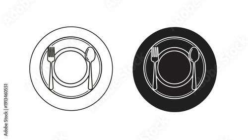 A minimalistic depiction of dining two black and white plate settings with cutlery