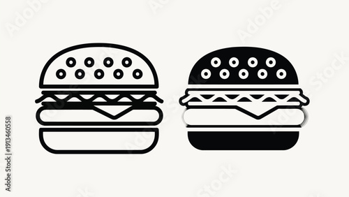 Two black and white illustrations depict classic cheeseburgers side by side on a neutral background