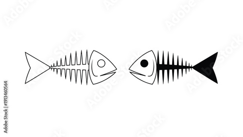 A simple black and white illustration depicts two fish skeletons facing each other creating symmetry