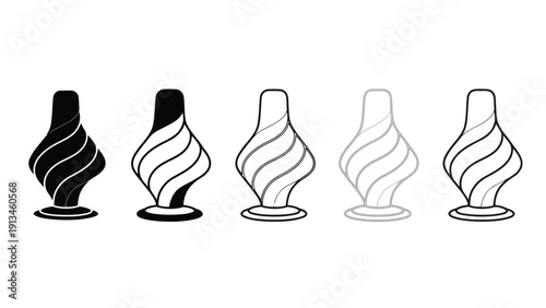A series of five stylized vases are depicted varying in fill and outline styles