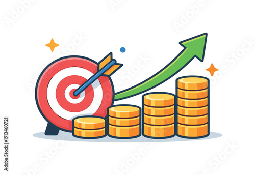 Financial goal visualization and long-term savings motivation for personal planning, a target paired with stacked coins and a growing arrow symbolizing progress and commitment,