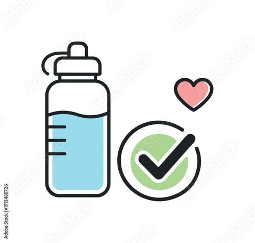 Healthy daily habits and personal wellness routine focused on consistency and self improvement, a water bottle next to a checkmark and a small heart symbolizing hydration and