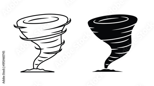 Two stylized tornado illustrations are presented one in outline and one solid black on a white background