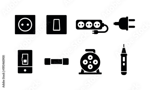 Home electrical essentials: power outlet, light switch, extension cord, power plug, circuit breaker, fuse, cable reel, voltage tester.