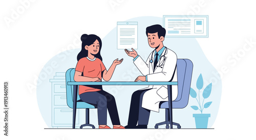 Medical Consultation: Doctor and Female Patient Talking at Office Desk. Healthcare Advice, Examination, and Trustworthy Professional Conversation.