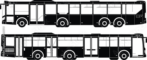Black and white silhouette illustration of articulated city buses viewed from side, showing multiple doors, windows, wheels, and flexible joint design
