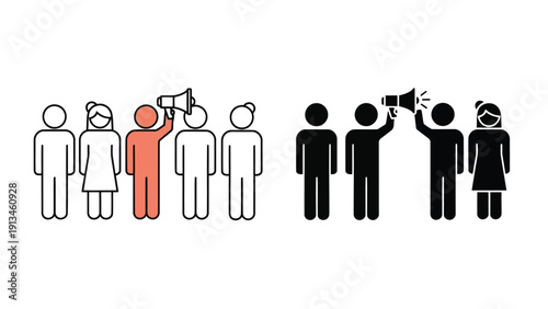 A graphic depicts groups of people with one individual highlighted while speaking into a megaphone