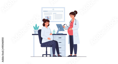 Obstetrician Providing Prenatal Care Checkup to Pregnant Patient, Maternity Health Illustration