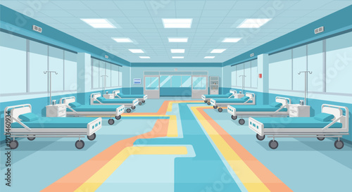 Modern Empty Hospital Ward Vector Illustration. Clean Intensive Care Unit (ICU) Room with Multiple Beds, IV Poles, and Healthcare Infrastructure Design.