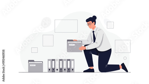 Businesswoman Organizing Files and Documents in Office, Data Management Concept