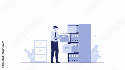 Man Filing Documents in Cabinet, Office Organization, Business Data Management