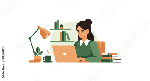 Young woman working on laptop at home office desk with books and plant.